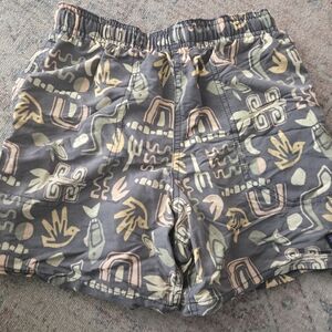 Patagonia Kids Swim Trunks in Gray with Pale Yellow & Pale Pink Print